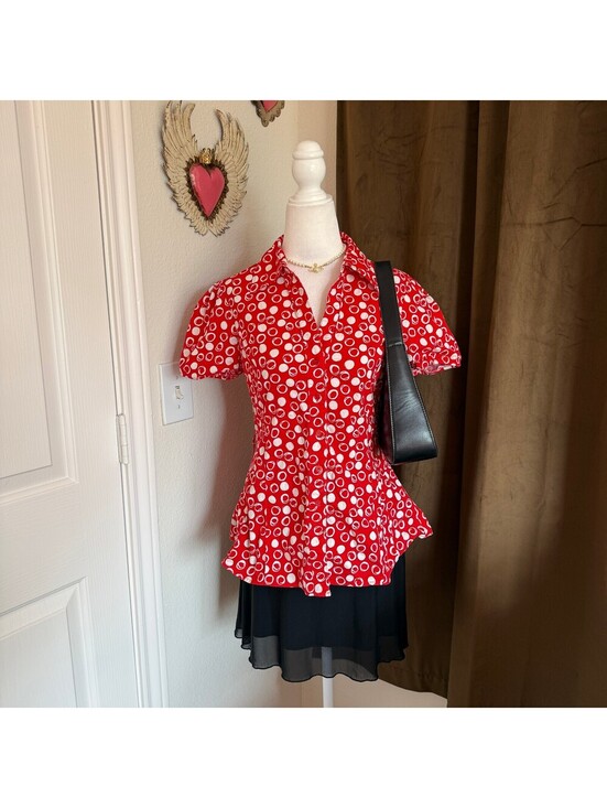 Harve Benard Tops - Vintage Harve Benard Polka Dot Puff Sleeve Collared Blouse Women's L Red Retro